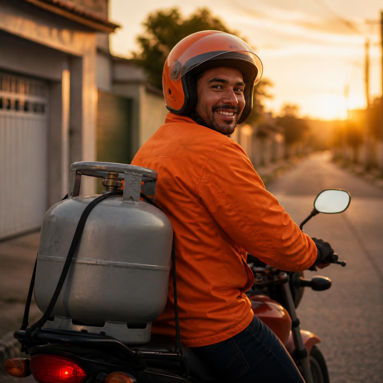 Entregador levando botijão de gás de moto ao entardecer